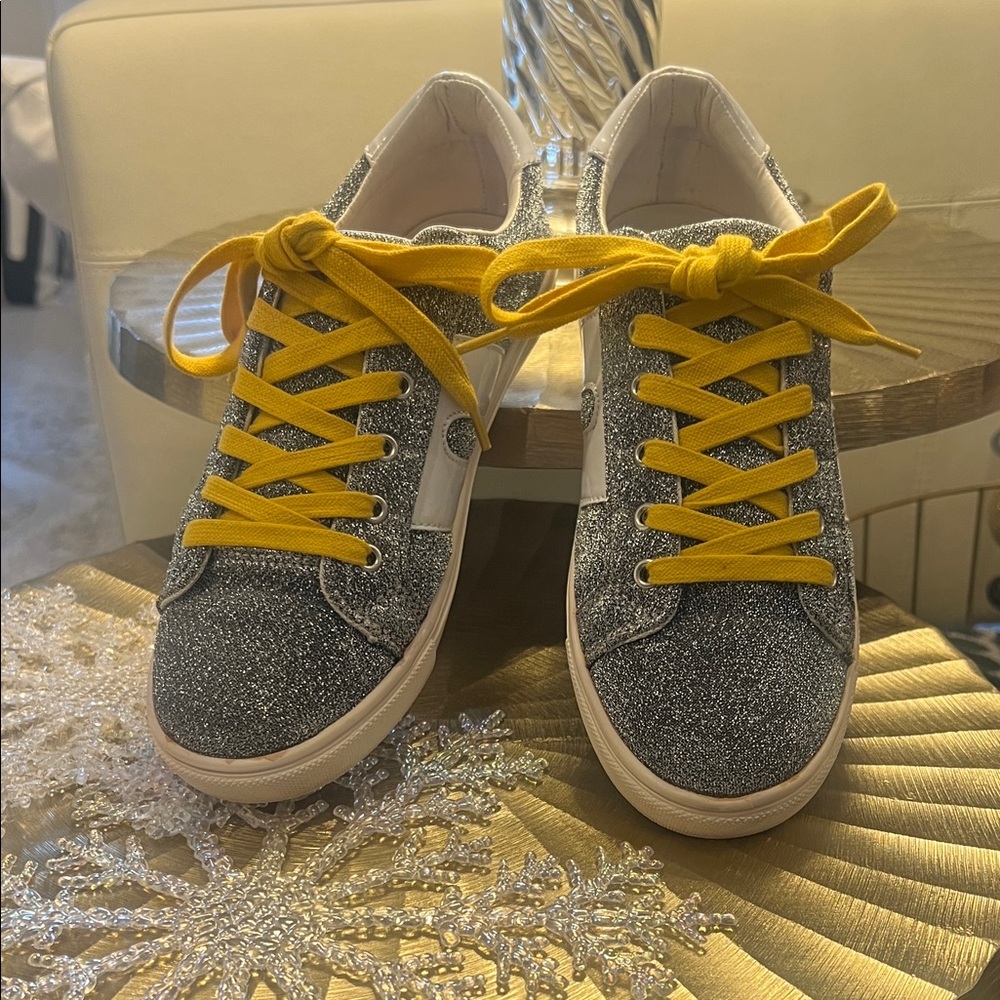 Sparkly Steve Madden Sneakers with Yellow Laces